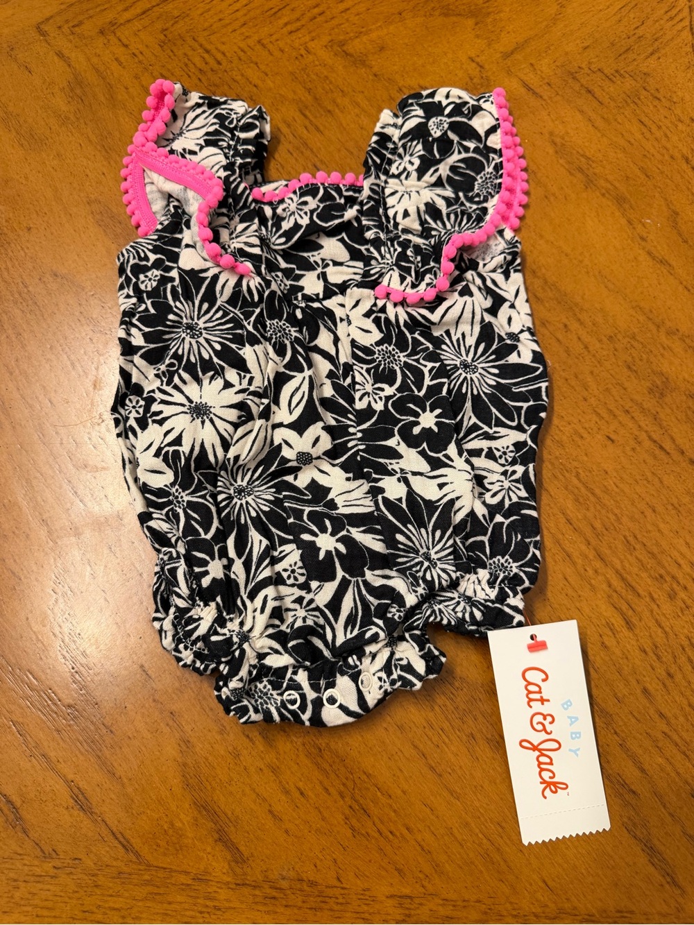 Cat & Jack Black and White Floral Baby Romper with Pink Trim